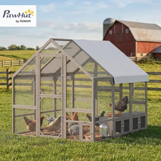 Alt view image 2 of 7 - PawHut Large Wooden Chicken Coop for 8-10 Hens 83" x 73" x 73" Light Brown | Walk-In Chicken Run, Waterproof Cover, Nesting Boxes and Perch, Outdoor Poultry Cage Rabbit Hutch for Backyard