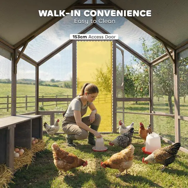 Alt view image 4 of 7 - PawHut Large Wooden Chicken Coop for 8-10 Hens 83" x 73" x 73" Light Brown | Walk-In Chicken Run, Waterproof Cover, Nesting Boxes and Perch, Outdoor Poultry Cage Rabbit Hutch for Backyard