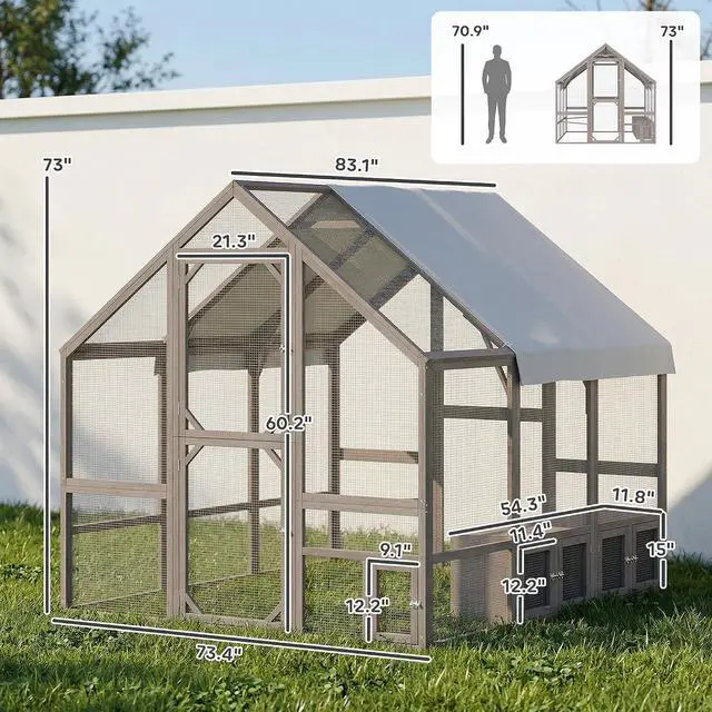 Alt view image 7 of 7 - PawHut Large Wooden Chicken Coop for 8-10 Hens 83" x 73" x 73" Light Brown | Walk-In Chicken Run, Waterproof Cover, Nesting Boxes and Perch, Outdoor Poultry Cage Rabbit Hutch for Backyard