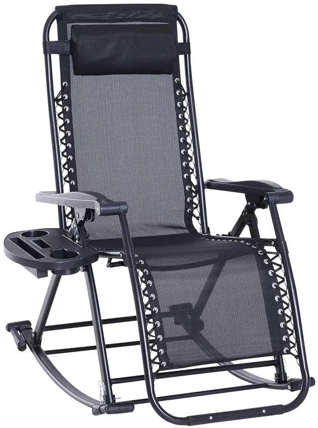 Main image of Outdoor Rocking Chairs Zero Gravity Lounge Rocker Black | Foldable Reclining, Pillow Included, Cup & Phone Holder, Combo Design, Folding Legs
