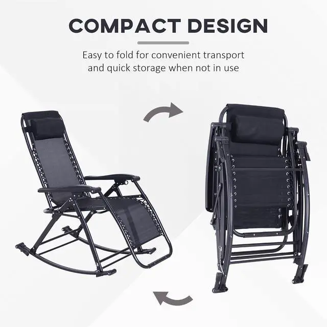 Alt view image 4 of 7 - Outdoor Rocking Chairs Zero Gravity Lounge Rocker Black | Foldable Reclining, Pillow Included, Cup & Phone Holder, Combo Design, Folding Legs