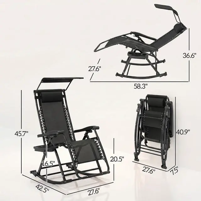 Alt view image 3 of 7 - Outdoor Rocking Chairs Zero Gravity Lounge Rocker Black | Foldable Reclining, Pillow Included, Cup & Phone Holder, Combo Design, Folding Legs