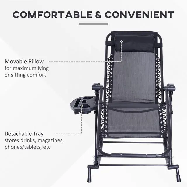 Alt view image 5 of 7 - Outdoor Rocking Chairs Zero Gravity Lounge Rocker Black | Foldable Reclining, Pillow Included, Cup & Phone Holder, Combo Design, Folding Legs