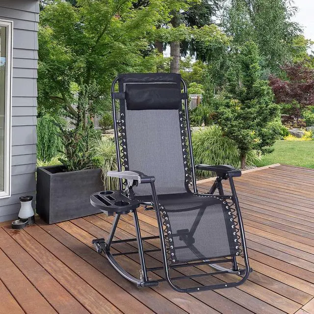 Alt view image 2 of 7 - Outdoor Rocking Chairs Zero Gravity Lounge Rocker Black | Foldable Reclining, Pillow Included, Cup & Phone Holder, Combo Design, Folding Legs