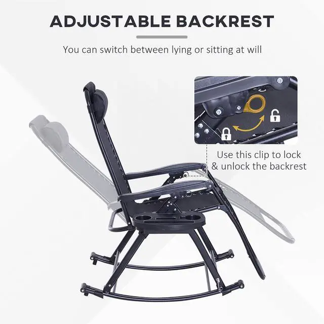 Alt view image 7 of 7 - Outdoor Rocking Chairs Zero Gravity Lounge Rocker Black | Foldable Reclining, Pillow Included, Cup & Phone Holder, Combo Design, Folding Legs