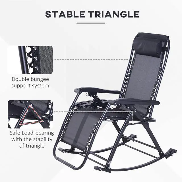 Alt view image 6 of 7 - Outdoor Rocking Chairs Zero Gravity Lounge Rocker Black | Foldable Reclining, Pillow Included, Cup & Phone Holder, Combo Design, Folding Legs