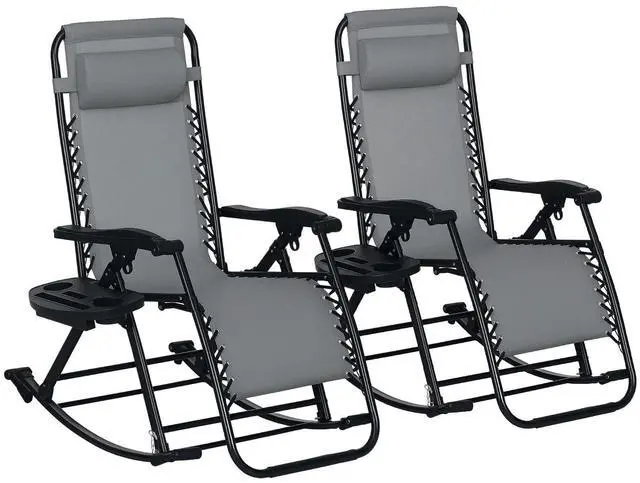 Main image of Set of 2 Outdoor Rocking Chairs Zero Gravity Lounge Rocker Gray | Foldable Reclining, Pillow Included, Cup & Phone Holder, Combo Design, Folding Legs