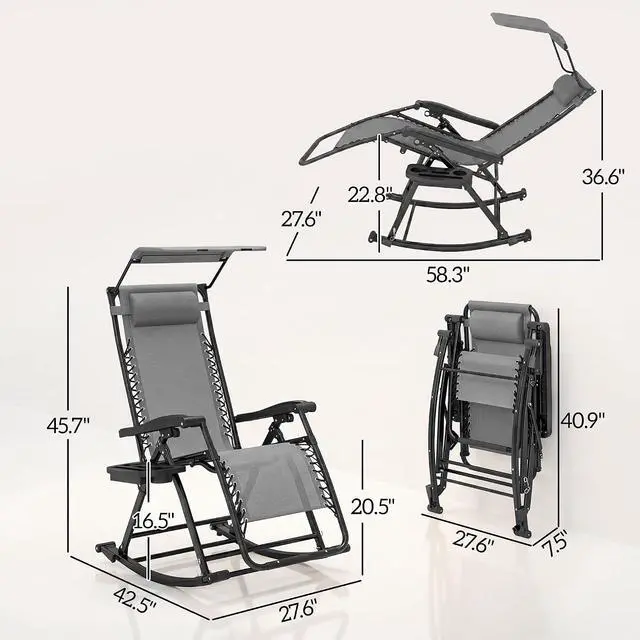 Alt view image 3 of 7 - Set of 2 Outdoor Rocking Chairs Zero Gravity Lounge Rocker Gray | Foldable Reclining, Pillow Included, Cup & Phone Holder, Combo Design, Folding Legs