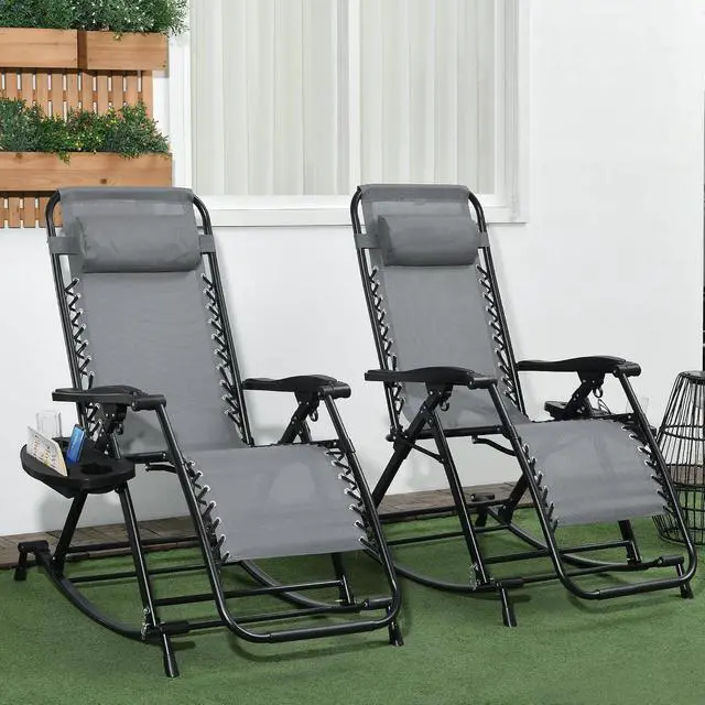 Alt view image 2 of 7 - Set of 2 Outdoor Rocking Chairs Zero Gravity Lounge Rocker Gray | Foldable Reclining, Pillow Included, Cup & Phone Holder, Combo Design, Folding Legs