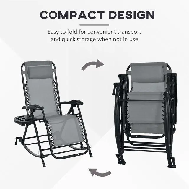 Alt view image 4 of 7 - Set of 2 Outdoor Rocking Chairs Zero Gravity Lounge Rocker Gray | Foldable Reclining, Pillow Included, Cup & Phone Holder, Combo Design, Folding Legs