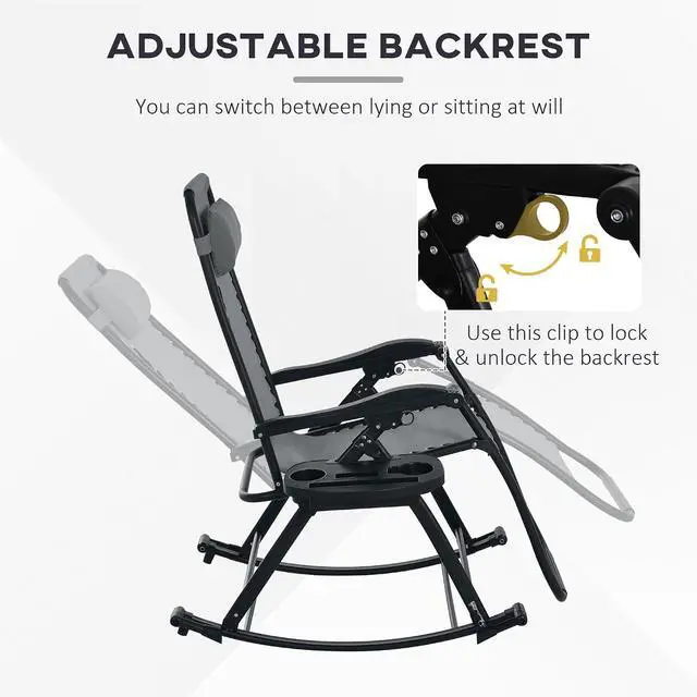 Alt view image 7 of 7 - Set of 2 Outdoor Rocking Chairs Zero Gravity Lounge Rocker Gray | Foldable Reclining, Pillow Included, Cup & Phone Holder, Combo Design, Folding Legs