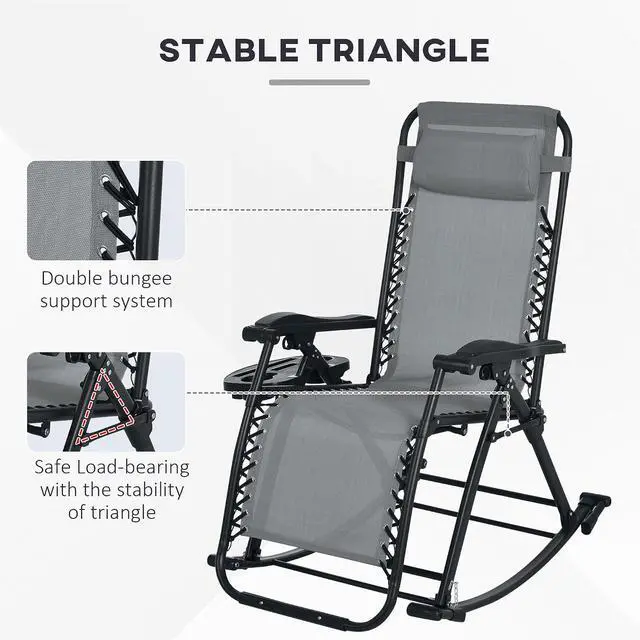 Alt view image 6 of 7 - Set of 2 Outdoor Rocking Chairs Zero Gravity Lounge Rocker Gray | Foldable Reclining, Pillow Included, Cup & Phone Holder, Combo Design, Folding Legs