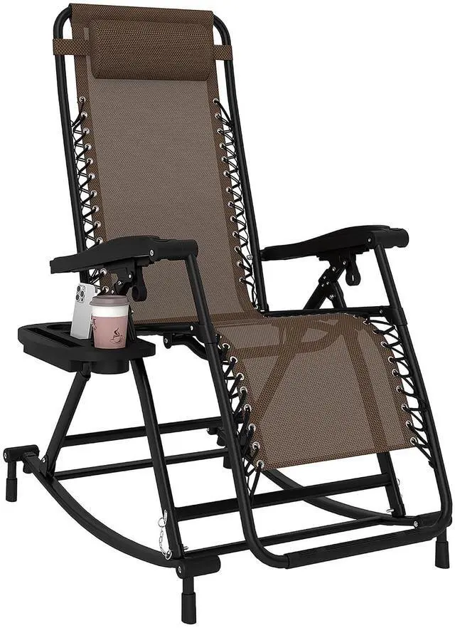 Main image of Outdoor Rocking Chairs Zero Gravity Lounge Rocker Brown | Foldable Reclining, Pillow Included, Cup & Phone Holder, Combo Design, Folding Legs