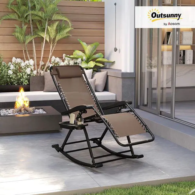 Alt view image 2 of 7 - Outdoor Rocking Chairs Zero Gravity Lounge Rocker Brown | Foldable Reclining, Pillow Included, Cup & Phone Holder, Combo Design, Folding Legs