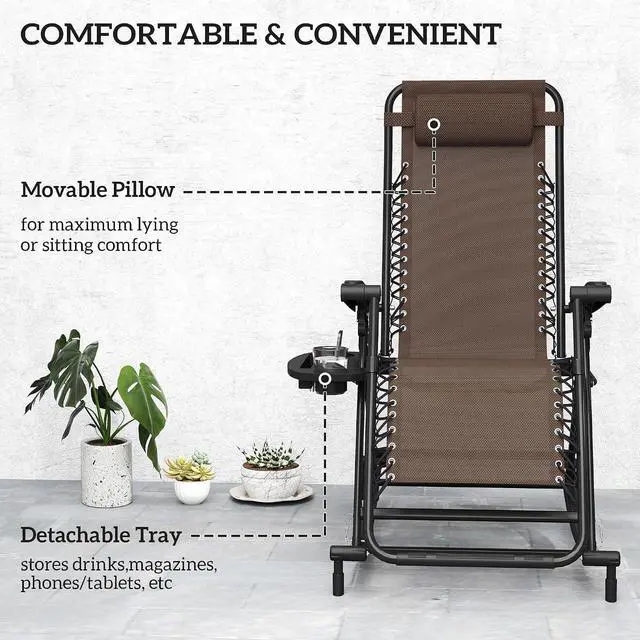 Alt view image 4 of 7 - Outdoor Rocking Chairs Zero Gravity Lounge Rocker Brown | Foldable Reclining, Pillow Included, Cup & Phone Holder, Combo Design, Folding Legs