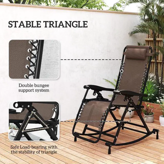 Alt view image 5 of 7 - Outdoor Rocking Chairs Zero Gravity Lounge Rocker Brown | Foldable Reclining, Pillow Included, Cup & Phone Holder, Combo Design, Folding Legs