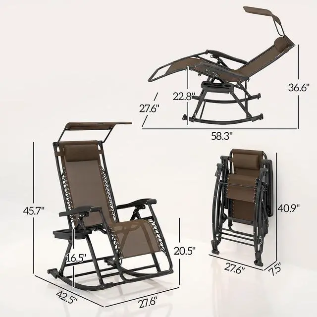 Alt view image 7 of 7 - Outdoor Rocking Chairs Zero Gravity Lounge Rocker Brown | Foldable Reclining, Pillow Included, Cup & Phone Holder, Combo Design, Folding Legs