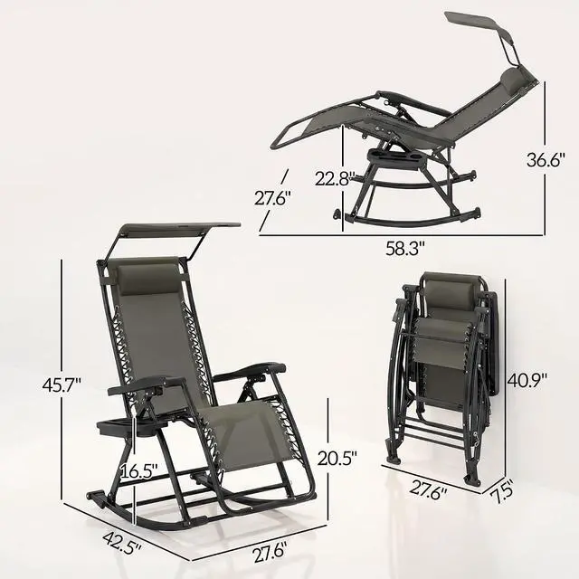 Alt view image 3 of 7 - Outdoor Rocking Chairs Zero Gravity Lounge Rocker Gray | Foldable Reclining, Pillow Included, Cup & Phone Holder, Combo Design, Folding Legs