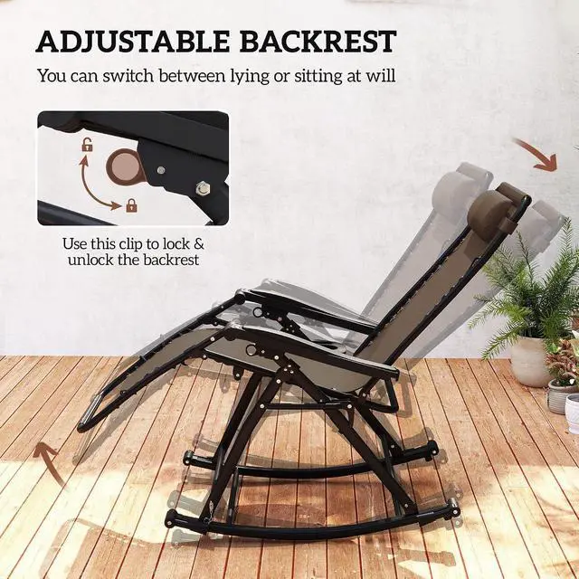 Alt view image 6 of 7 - Outdoor Rocking Chairs Zero Gravity Lounge Rocker Brown | Foldable Reclining, Pillow Included, Cup & Phone Holder, Combo Design, Folding Legs
