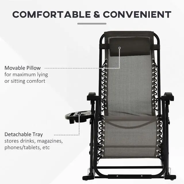 Alt view image 5 of 7 - Outdoor Rocking Chairs Zero Gravity Lounge Rocker Gray | Foldable Reclining, Pillow Included, Cup & Phone Holder, Combo Design, Folding Legs