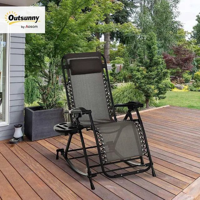 Alt view image 2 of 7 - Outdoor Rocking Chairs Zero Gravity Lounge Rocker Gray | Foldable Reclining, Pillow Included, Cup & Phone Holder, Combo Design, Folding Legs