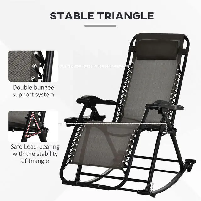 Alt view image 6 of 7 - Outdoor Rocking Chairs Zero Gravity Lounge Rocker Gray | Foldable Reclining, Pillow Included, Cup & Phone Holder, Combo Design, Folding Legs