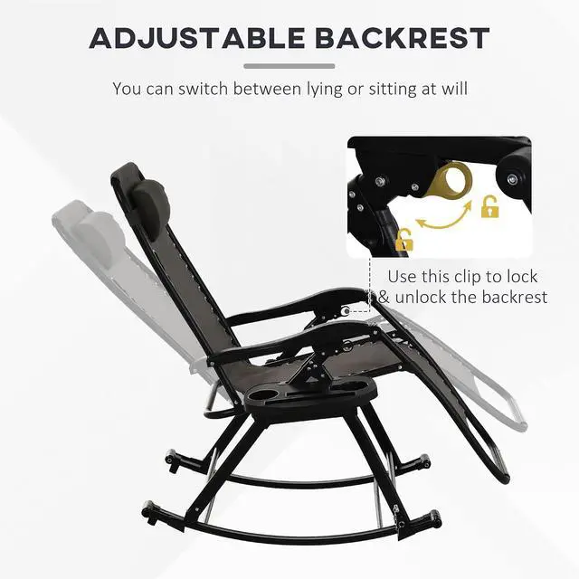 Alt view image 7 of 7 - Outdoor Rocking Chairs Zero Gravity Lounge Rocker Gray | Foldable Reclining, Pillow Included, Cup & Phone Holder, Combo Design, Folding Legs