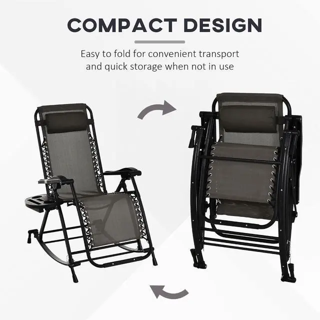 Alt view image 4 of 7 - Outdoor Rocking Chairs Zero Gravity Lounge Rocker Gray | Foldable Reclining, Pillow Included, Cup & Phone Holder, Combo Design, Folding Legs