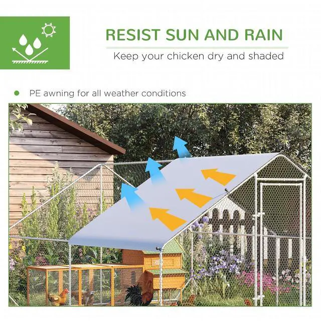 Alt view image 3 of 7 - PawHut Large Chicken Coop w/Waterproof Anti-UV Cover 9.8' x 13.1' x 6.6' | Metal Chicken Run, Spire Shaped Walk In Fence Cage Hen House, Outdoor Yard Farm Use, 1" Tube Diameter