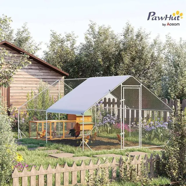 Alt view image 2 of 7 - PawHut Large Chicken Coop w/Waterproof Anti-UV Cover 9.8' x 13.1' x 6.6' | Metal Chicken Run, Spire Shaped Walk In Fence Cage Hen House, Outdoor Yard Farm Use, 1" Tube Diameter