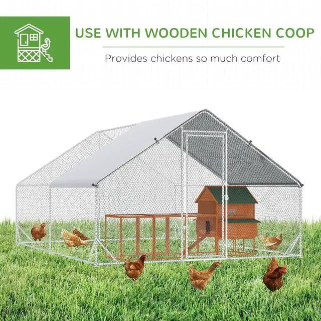 Alt view image 4 of 7 - PawHut Large Chicken Coop w/Waterproof Anti-UV Cover 9.8' x 13.1' x 6.6' | Metal Chicken Run, Spire Shaped Walk In Fence Cage Hen House, Outdoor Yard Farm Use, 1" Tube Diameter
