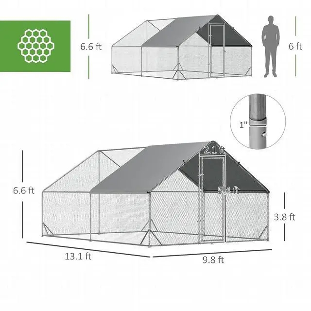 Alt view image 7 of 7 - PawHut Large Chicken Coop w/Waterproof Anti-UV Cover 9.8' x 13.1' x 6.6' | Metal Chicken Run, Spire Shaped Walk In Fence Cage Hen House, Outdoor Yard Farm Use, 1" Tube Diameter