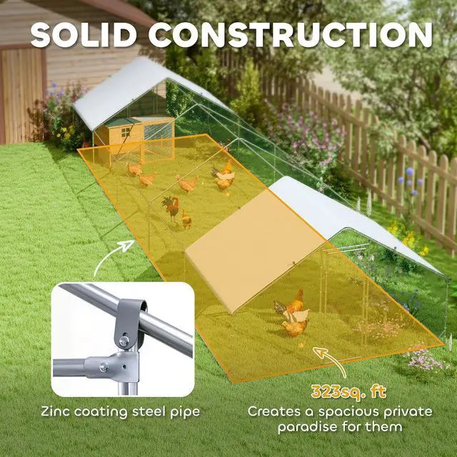 Alt view image 5 of 7 - PawHut Large Chicken Coop w/Waterproof Anti-UV Cover 33' x 10' x 6.4' | Metal Chicken Run, Spire Shaped Walk in Hen House Cage for 30-40 Hens Ducks Poultry, Outdoor Yard Farm, 1" Tube Diameter