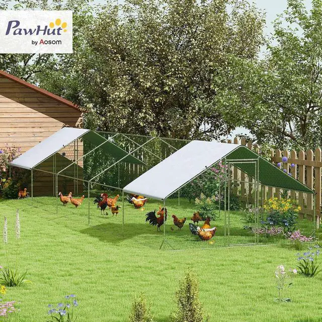 Alt view image 2 of 7 - PawHut Large Chicken Coop w/Waterproof Anti-UV Cover 33' x 10' x 6.4' | Metal Chicken Run, Spire Shaped Walk in Hen House Cage for 30-40 Hens Ducks Poultry, Outdoor Yard Farm, 1" Tube Diameter