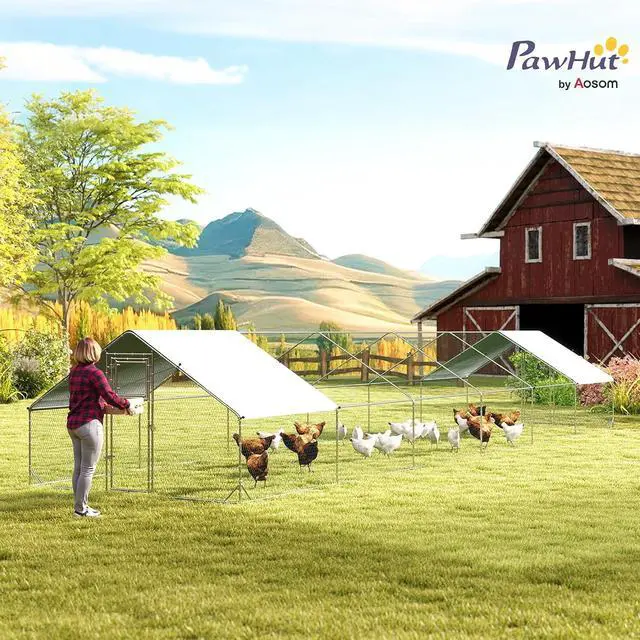 Alt view image 2 of 7 - PawHut Large Chicken Coop w/ 420D Waterproof Anti-UV Cover 39' x 10' x 6.4' | Metal Chicken Run, Spire Shaped Walk In Fence Cage Hen House, Outdoor Yard Farm Use, 1" Tube Diameter