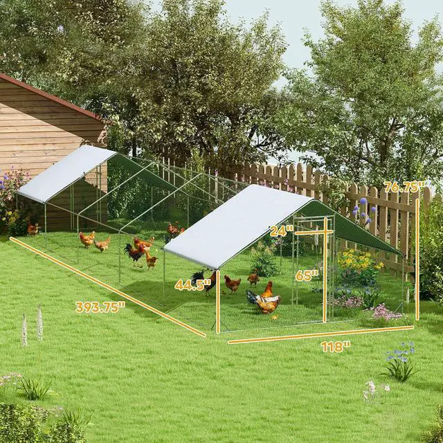 Alt view image 7 of 7 - PawHut Large Chicken Coop w/Waterproof Anti-UV Cover 33' x 10' x 6.4' | Metal Chicken Run, Spire Shaped Walk in Hen House Cage for 30-40 Hens Ducks Poultry, Outdoor Yard Farm, 1" Tube Diameter