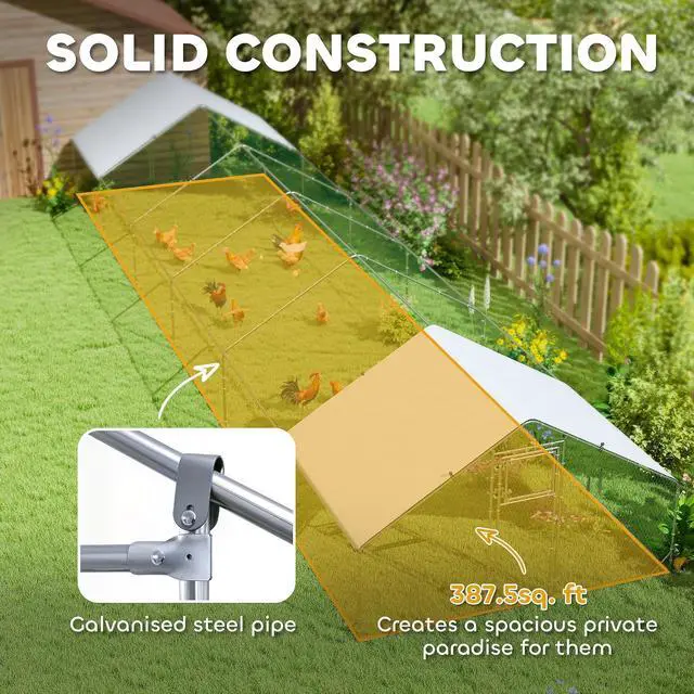 Alt view image 5 of 7 - PawHut Large Chicken Coop w/ 420D Waterproof Anti-UV Cover 39' x 10' x 6.4' | Metal Chicken Run, Spire Shaped Walk In Fence Cage Hen House, Outdoor Yard Farm Use, 1" Tube Diameter