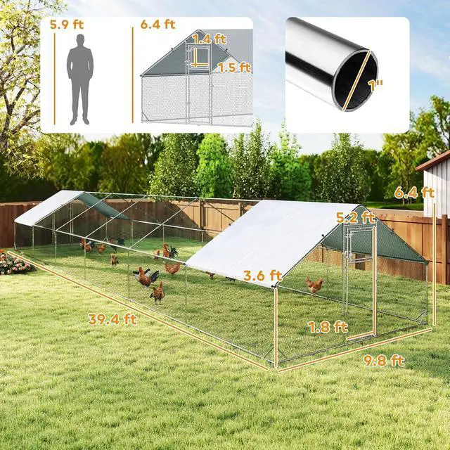 Alt view image 7 of 7 - PawHut Large Chicken Coop w/ 420D Waterproof Anti-UV Cover 39' x 10' x 6.4' | Metal Chicken Run, Spire Shaped Walk In Fence Cage Hen House, Outdoor Yard Farm Use, 1" Tube Diameter
