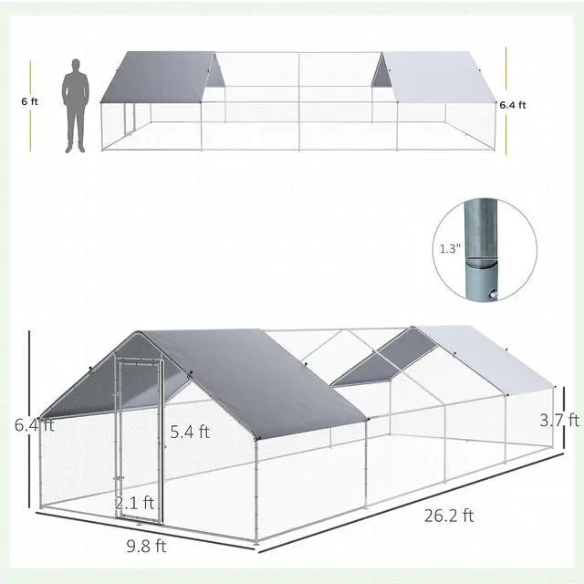 Alt view image 7 of 7 - PawHut Large Chicken Coop Spired Shaped Walk-in Fence Cage 9.8'x26.2'x6.4' | Metal Chicken Run, Waterproof and Anti-UV Cover, Hen House for Outdoor and Yard Farm Use, 1.3" Dia