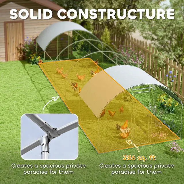 Alt view image 5 of 7 - PawHut 9.2' x 31.2' x 6.5' Large Chicken Coop Metal Chicken Run Fence Cage | 210D Waterproof and Anti-UV Cover, Dome Shaped Walk in Hen House, Outdoor and Yard Farm Use, 1" Tube Diameter