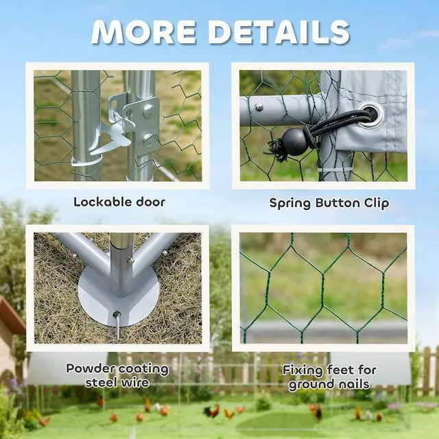 Alt view image 6 of 7 - PawHut 9.2' x 31.2' x 6.5' Large Chicken Coop Metal Chicken Run Fence Cage | 210D Waterproof and Anti-UV Cover, Dome Shaped Walk in Hen House, Outdoor and Yard Farm Use, 1" Tube Diameter