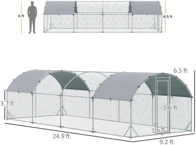 Alt view image 7 of 7 - PawHut 9.2' x 24.9' x 6.5' Large Chicken Coop Metal Chicken Run Fence Cage | 210D Waterproof and Anti-UV Cover, Dome Shaped Walk in Hen House, Outdoor and Yard Farm Use, 1" Tube Diameter