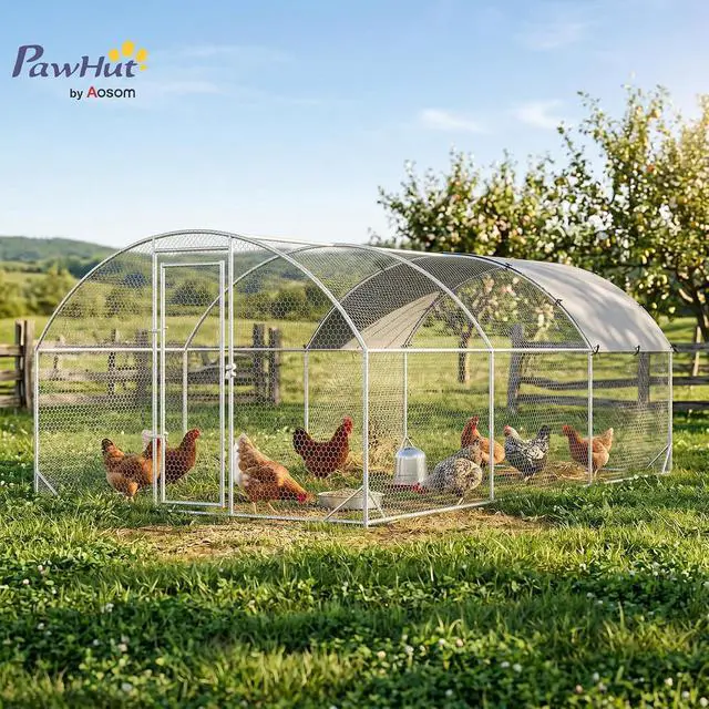 Alt view image 2 of 7 - PawHut 9.2' x 18.7' x 6.5' Large Chicken Coop Metal Chicken Run Fence Cage | 210D Waterproof and Anti-UV Cover, Dome Shaped Walk in Hen House, Outdoor and Yard Farm Use, 1" Tube Diameter