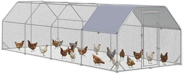 Main image of PawHut Large Chicken Coop Metal Chicken Run for Outdoor 9.2' x 24.9' x 6.4' | Waterproof and Anti-UV Cover, Flat Shaped Walk in Fence Cage, Hen House, Yard Farm Use, 1" Tube Diameter