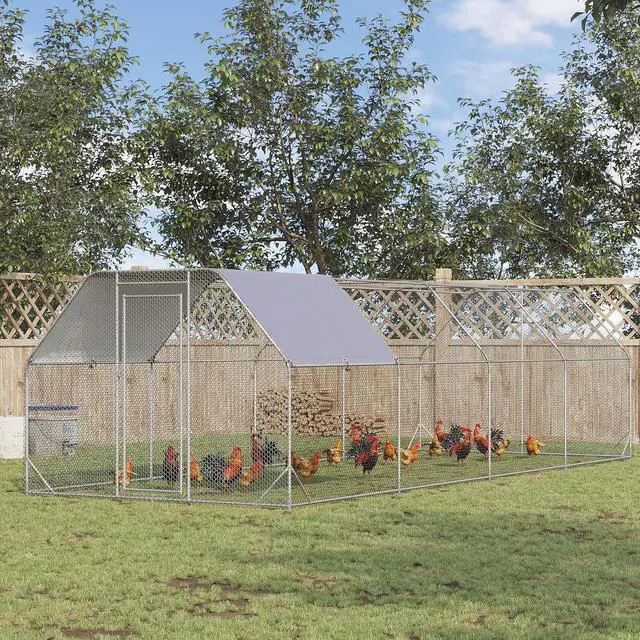 Alt view image 2 of 7 - PawHut Large Chicken Coop Metal Chicken Run for Outdoor 9.2' x 24.9' x 6.4' | Waterproof and Anti-UV Cover, Flat Shaped Walk in Fence Cage, Hen House, Yard Farm Use, 1" Tube Diameter