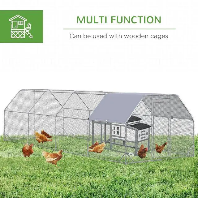 Alt view image 5 of 7 - PawHut Large Chicken Coop Metal Chicken Run for Outdoor 9.2' x 24.9' x 6.4' | Waterproof and Anti-UV Cover, Flat Shaped Walk in Fence Cage, Hen House, Yard Farm Use, 1" Tube Diameter