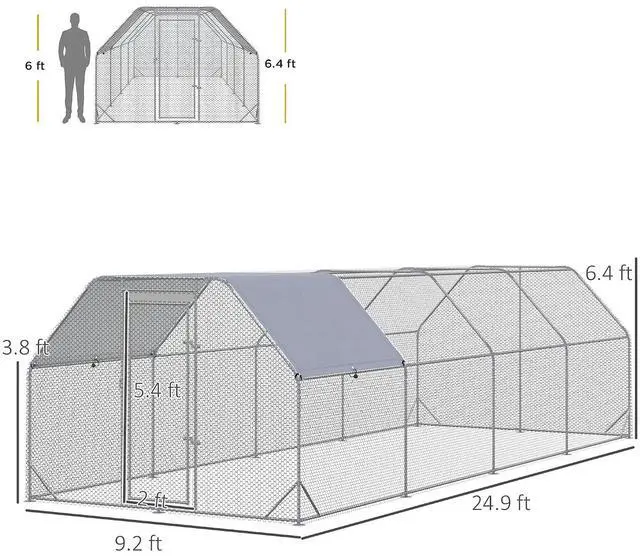 Alt view image 7 of 7 - PawHut Large Chicken Coop Metal Chicken Run for Outdoor 9.2' x 24.9' x 6.4' | Waterproof and Anti-UV Cover, Flat Shaped Walk in Fence Cage, Hen House, Yard Farm Use, 1" Tube Diameter