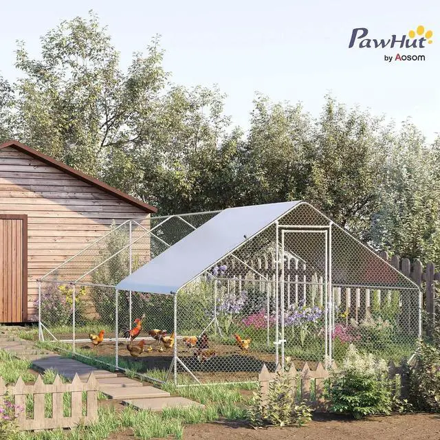 Alt view image 2 of 7 - PawHut Large Chicken Coop w/Waterproof Anti-UV Cover 9.8' x 19.7' x 6.6' | Metal Chicken Run, Spire Shaped Walk In Fence Cage Hen House, Outdoor Yard Farm Use, 1" Tube Diameter