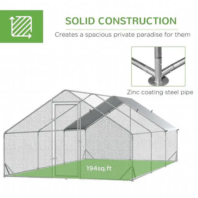 Alt view image 5 of 7 - PawHut Large Chicken Coop w/Waterproof Anti-UV Cover 9.8' x 19.7' x 6.6' | Metal Chicken Run, Spire Shaped Walk In Fence Cage Hen House, Outdoor Yard Farm Use, 1" Tube Diameter