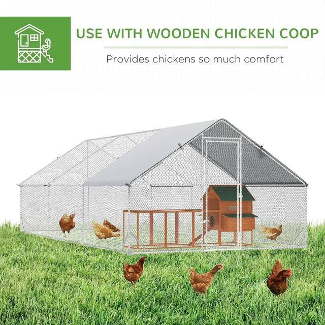 Alt view image 4 of 7 - PawHut Large Chicken Coop w/Waterproof Anti-UV Cover 9.8' x 19.7' x 6.6' | Metal Chicken Run, Spire Shaped Walk In Fence Cage Hen House, Outdoor Yard Farm Use, 1" Tube Diameter